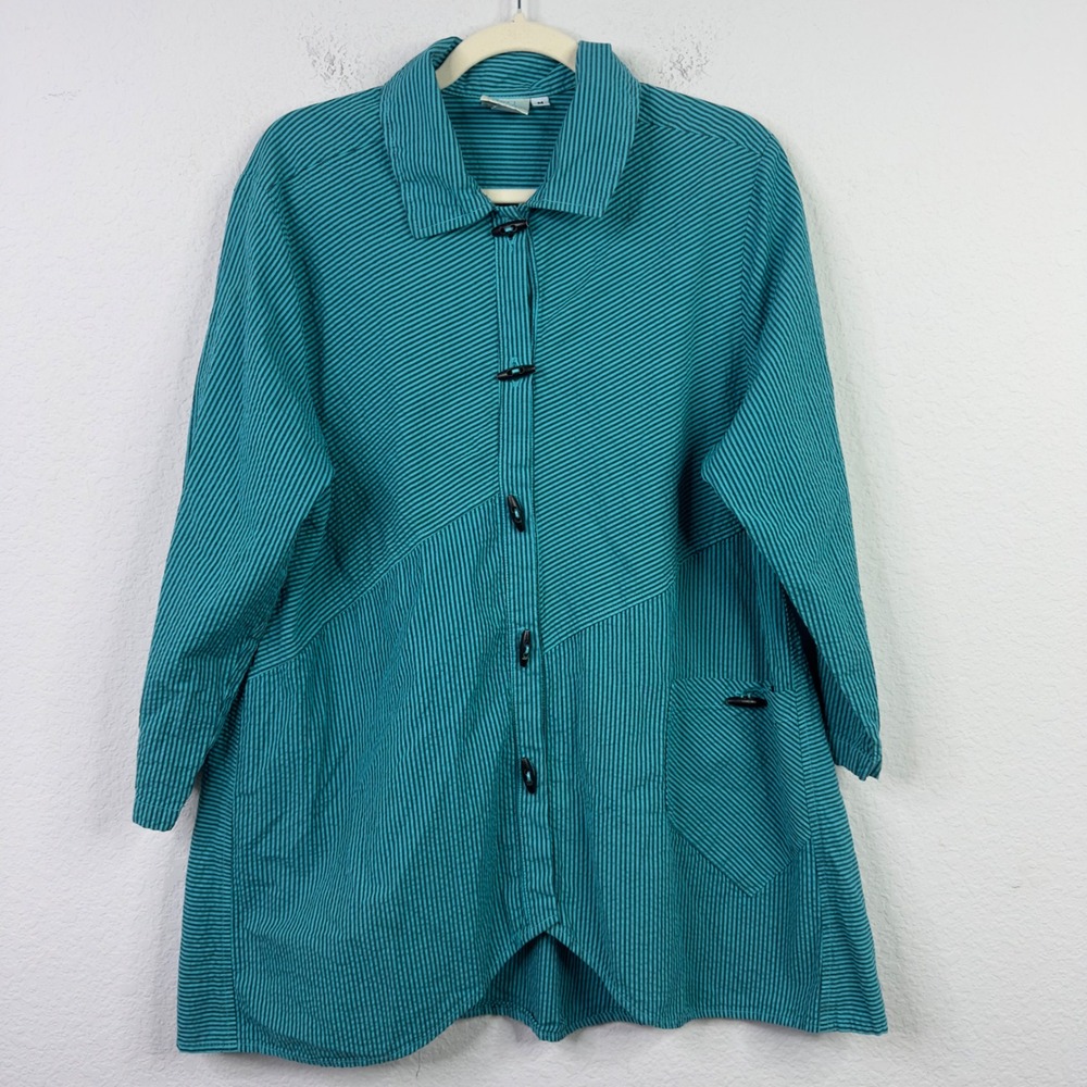 Mill Valley Clothing Co Shirt M Teal‎ Stripe Trumpet Lagonlook Cottagecore Artsy